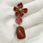 Earring Drop Flower Shaped Earring Red Bead With Zinc And Stone For Delicate Women