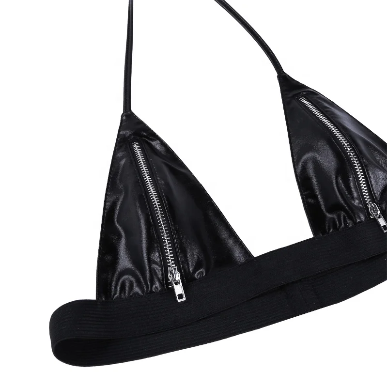 High Quality Black Bikini Lingerie Set Mens Leather Zipper Bra And G-String Thongs Swimsuit