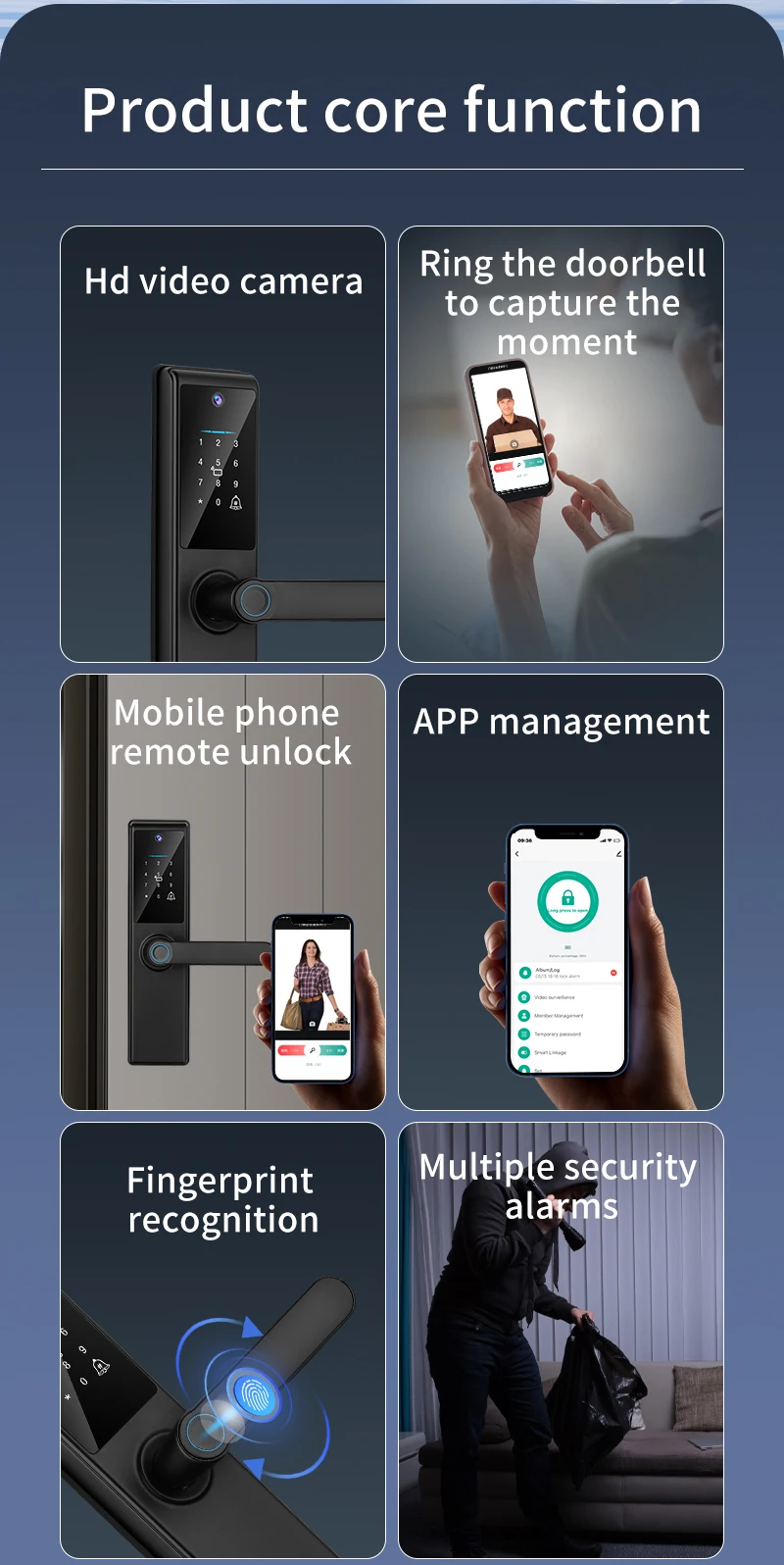 Qleung Tuya Wifi APP Smart Door Knob Remote Control Odcisk palca Kod karty klucz S821Max Dom z kamerą 3