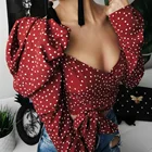 Top Long Sleeve Shirt Sexy Puff Sleeve Polka Dot Print Bandage Cross V-neck Shirt Top For Women