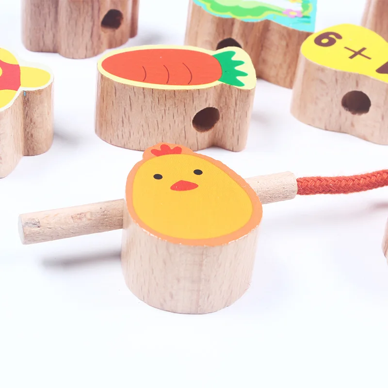 Cartoon Animals Fruit Block Wooden Toys Stringing Threading Beads Game Educational Toy For Children