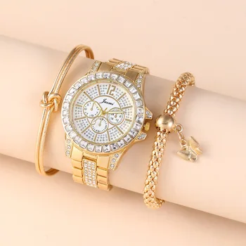 2Pcs/Set Fashion Calendar Full Diamond Watch Set Stainless Steel Women Watch And Jewellery Set