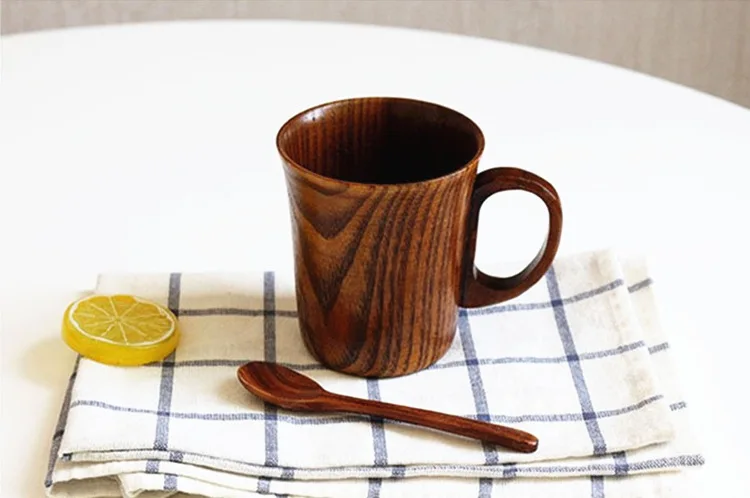 H192  Office Water Beer Milk Carved Mug with Handle Natural Handmade Wood Cups & Saucers