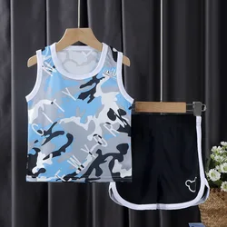 Summer baby vest suit boy cartoon stripe sleeveless two-piece kids clothing printing summer children clothes