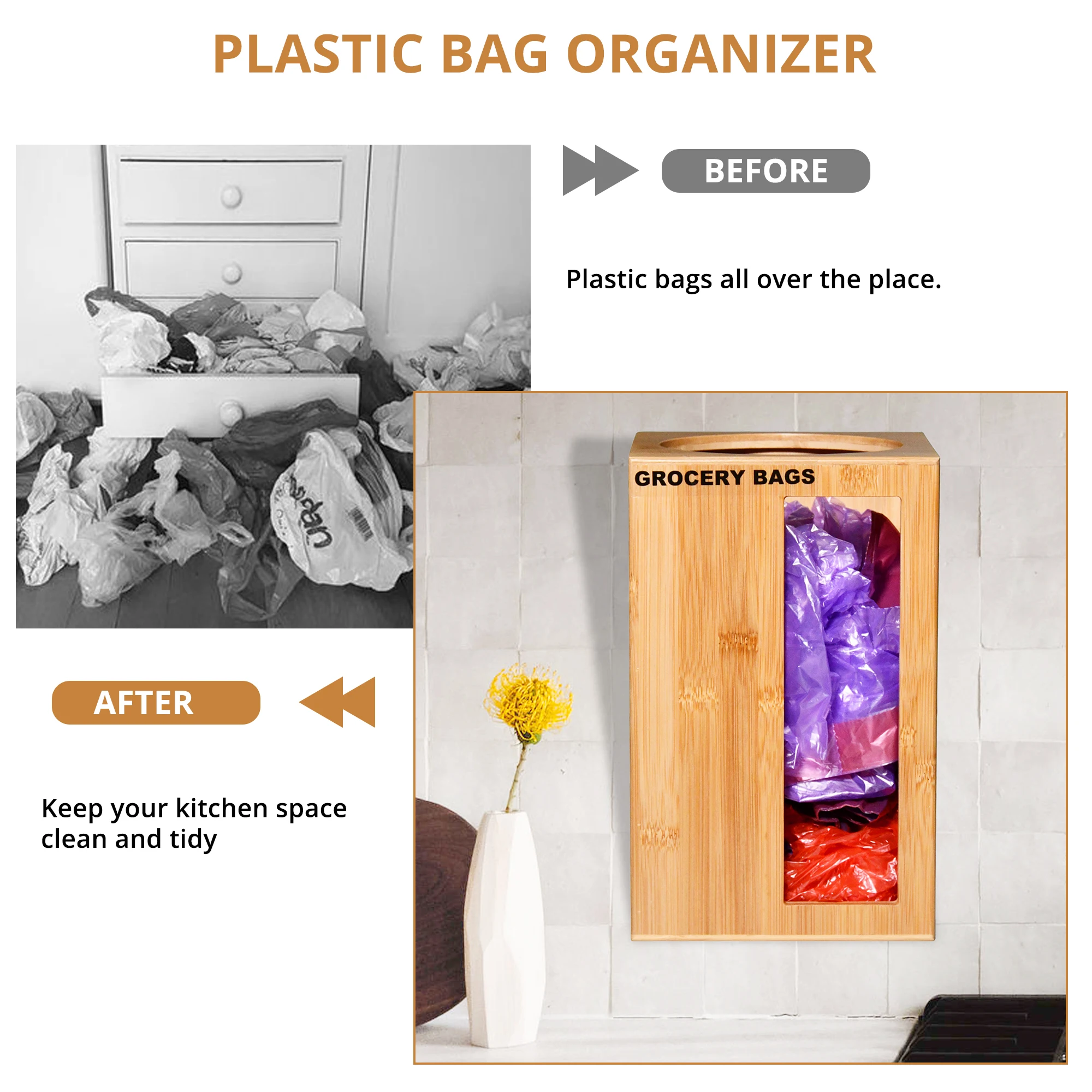 Grocery Plastic  Bag Dispenser Holders for Home Kitchen - Bamboo Trash Bag Dispenser, Can Hold 50-60 Used Shopping Bags