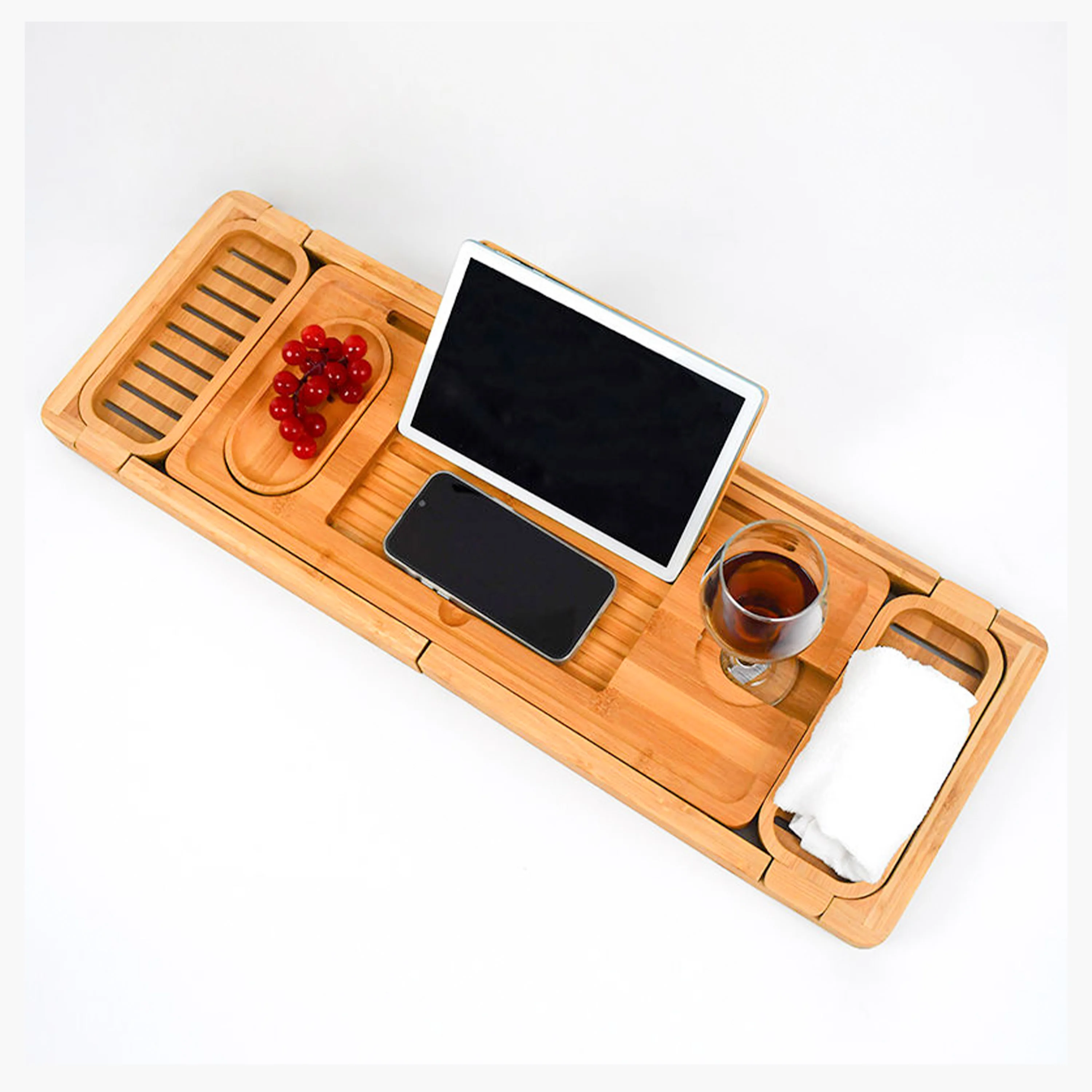 product bamboo expandable bathtub caddy tray non slip bath tray organizer for luxury spa bathroom accessories with wine glass holder-5