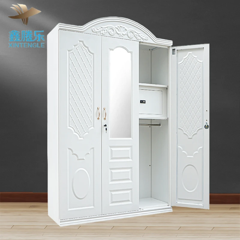 Best Seller Modern 3-Swing Door Bedroom Furniture Iron Armories Steel Imprint Pattern Almirah Wardrobe Mirror by Modern