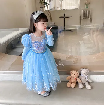 Sequins Elsa Anna Clothes Long Sleeve Gown Kids Dress Up Princess Costumes Wholesale