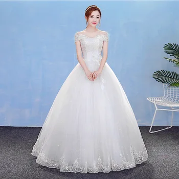 2019 Hot Sale Simple Off Shoulder Sequined Lace Flower Cheap Floor Length Wedding Gown