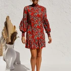 Hot Selling Autumn Lantern Sleeve Stand Collar Floral Dress Retro Modern Chiffon Dress Women