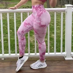 Tie Dye Sports Fitness Pants Women's High Waist Peach Hip Lift Seamless Jacquard Running Fitness Yoga Pants