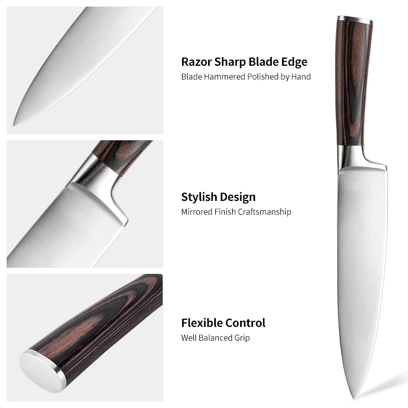 Premium Japanese Carbon Stainless Steel Chefs Knife Coloured Kitchen Knife Set with Pakka Wood