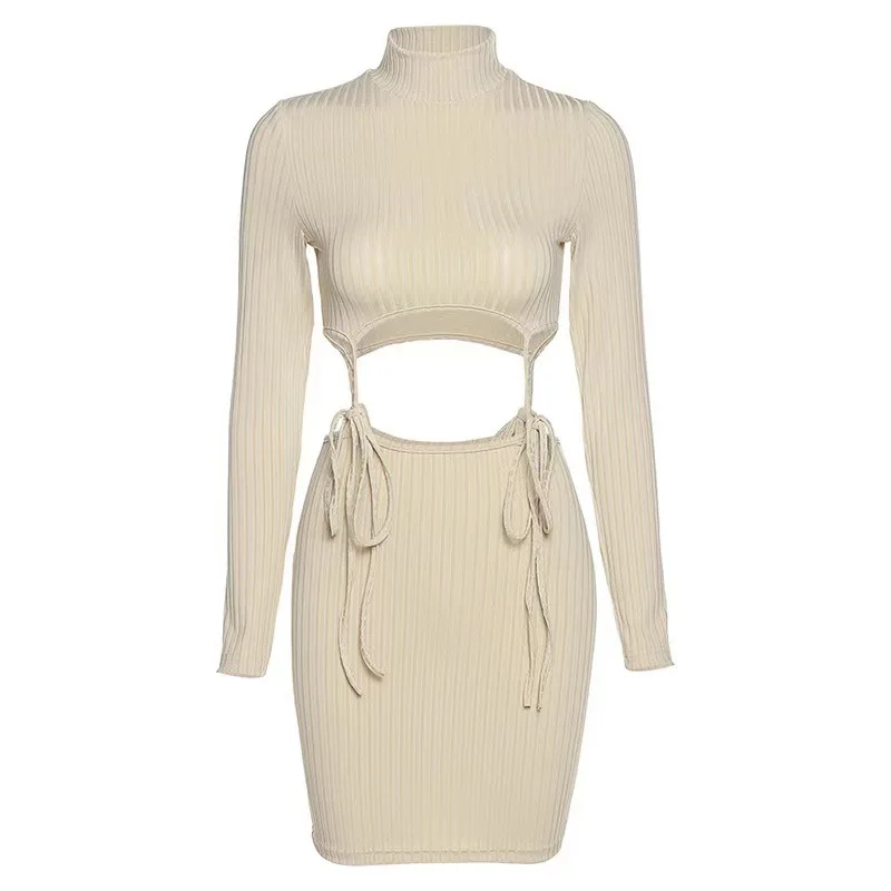 In stock casual women sexy bodycon hollow out 2 piece set dress crop top long sleeve knit turtleneck two piece set dresses