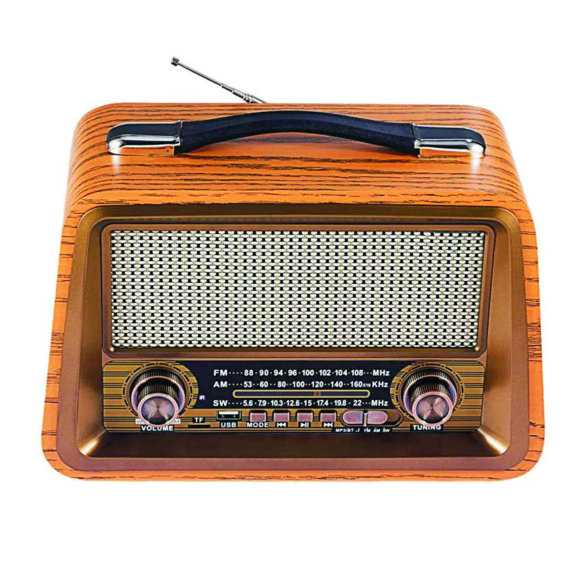 R-2066BT Retro multi band real wooden rechargeable radio with wireless link, usb,  mp3  player solar  and lamp slot speaker