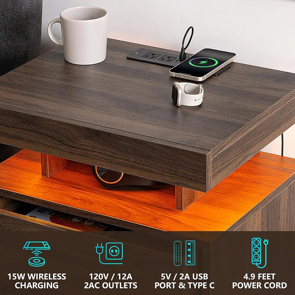 Nu-Deco Modern LED Nightstand Wireless Charging Station USB Ports 3 Drawers RGB Adjustable Brightness High Gloss Bedside Table manufacture