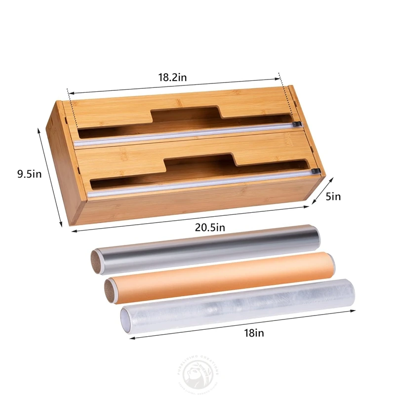 2 in 1 Kitchen Drawer Bamboo Saran Storage Roll Holder 18 Inch Large Foil Wrap Dispenser with Cutter