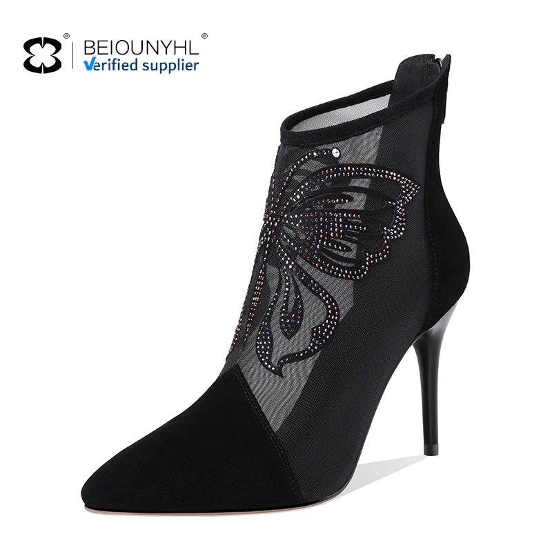 Fashion Mesh Booties High Heels Sandal Ankle Patchwork butterfly Dance Shoes Black Sexy Boots genuine leather Women Shoes
