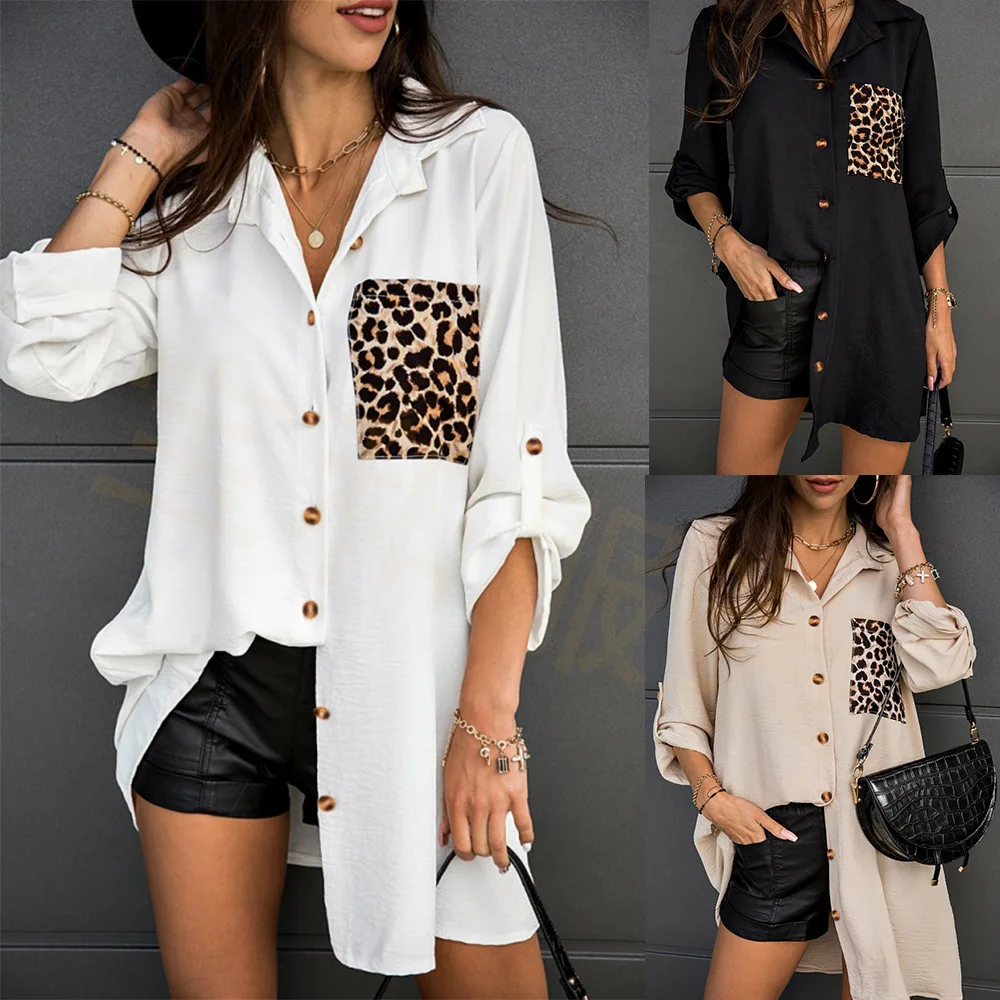 Women's Loose Top Leopard Print Pocket Stitching Roll Sleeve Shirt Medium Length Casual Tops Wild Style  Button Up Blouse