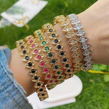 Wholesale Women Jewelry Gold Plated Rainbow Colorful Zircons Eye Tennis Open Bangle Bracelet