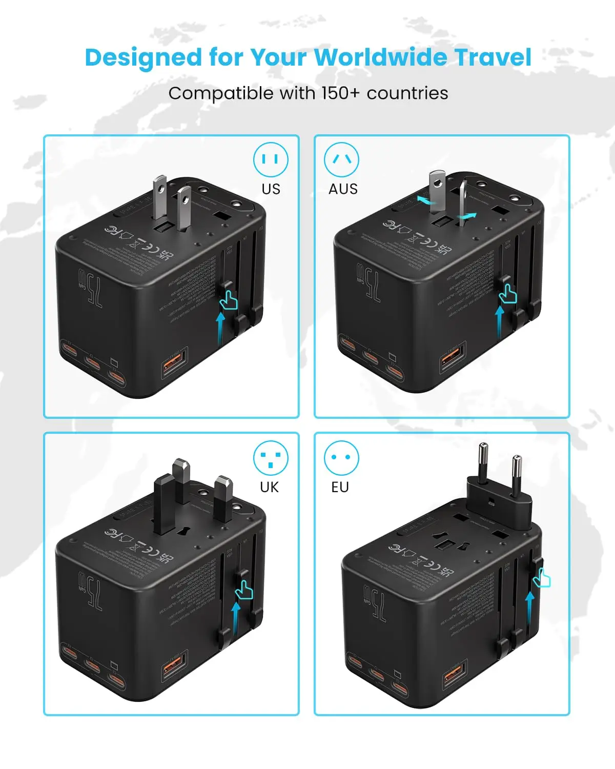 Vintar 75w Gan International Plug Adapter Worldwide Power Adapter