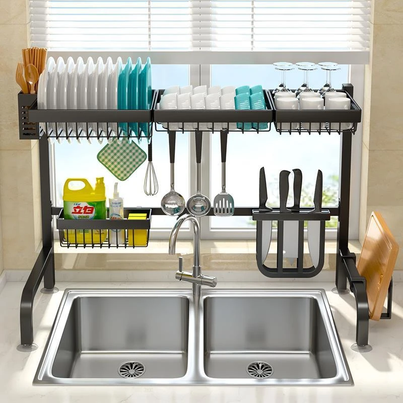 Multi Functional Doublmugener Sink Storage Rack Finishing Bowls and Dishes Drain Rack Adjustable Kitchen Drain Rack Carbon Steel