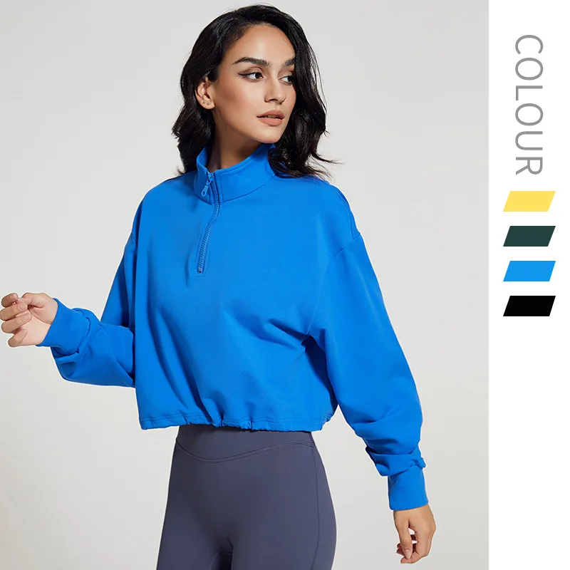 Combed Cotton Stand Collar Fall 2023 Women Clothes Zip Crop Top Women's Hoodies & Sweatshirts Pullover Gym Run Sports Sweaters