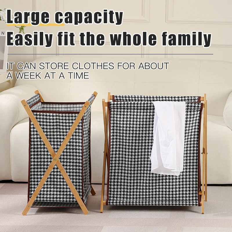 Collapsible Laundry Hamper Bamboo X Frame Folding Laundry Basket Clothes Sorter Organizer for Bedroom