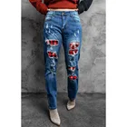 Jeans Christmas Custom Logo Manufacturers High Quality Plaid Distressed Women Printed Denim Custom Jeans