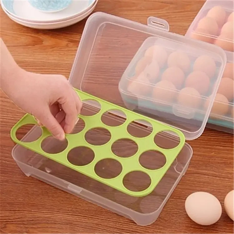 Popular Portable Egg Storage Tray Box Plastic Anti-Breaking 15 Grid Eggs Holder Kitchen Anti-collision Plastic Egg Box