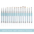 Light Blue Rhinestones Handle Acrylic Nail Painting Application Brushes With Lids 16pcs Nail Art Brushes Set