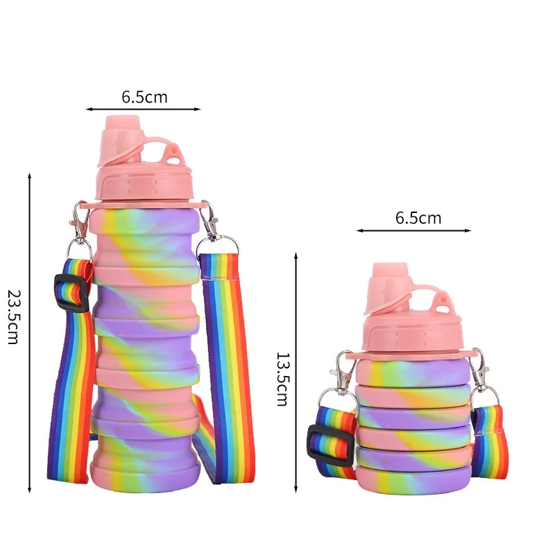 Rainbow Folding Silicone Cup Outdoor Sports Travel Kettle Water Bottles portable with handle