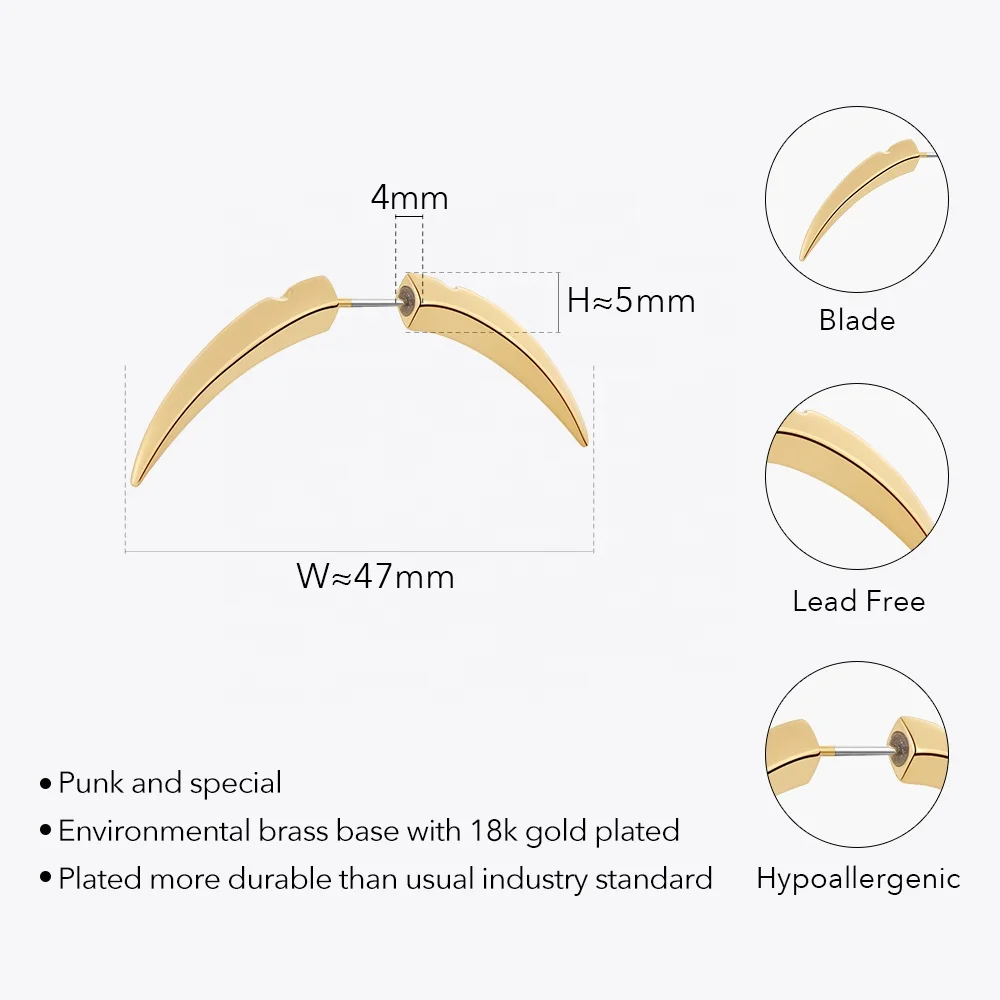 Original Design 18K Gold Plated Brass Jewelry Pendientes Blade Ear Stud Gold Color Earrings Punk Accessories Earrings E221462