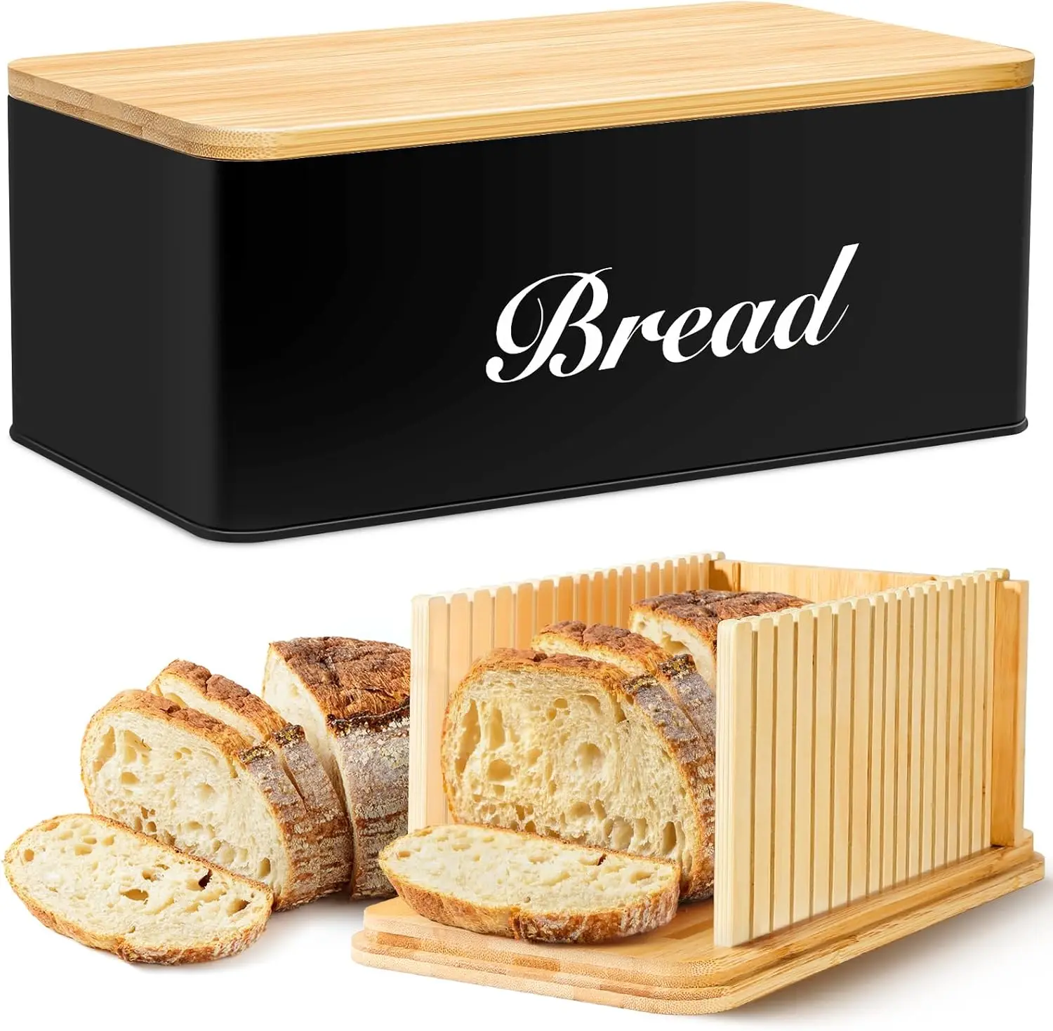 product bread slicer box black bamboo metal kitchen counter top 3 in 1 multi function storage container loaf slicing tray-0