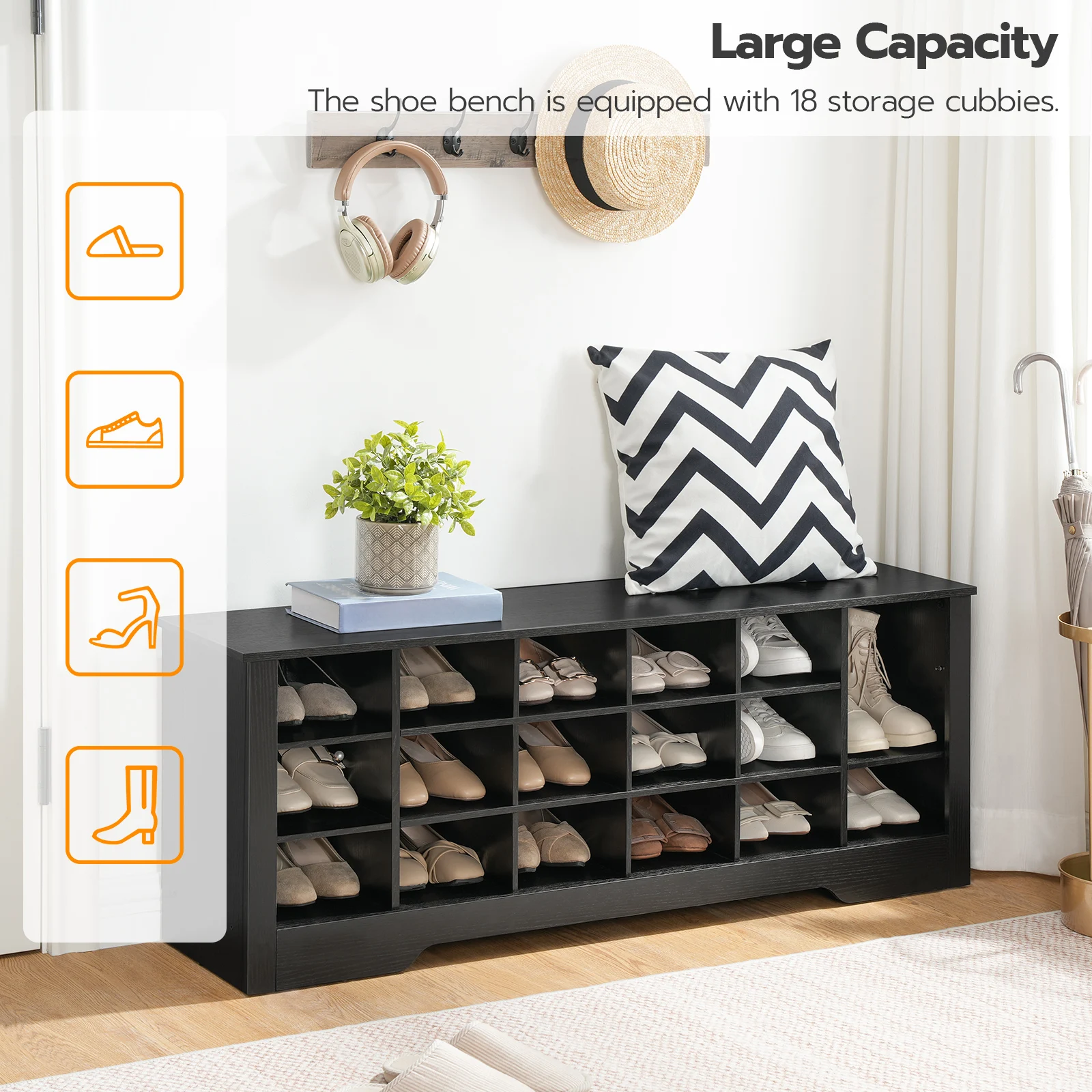 Wholesale Black Wooden Hallway Entryway Shoes Storage Bench Large Shoe Cabinet With 18 Cubbies Seat Shoe Organizer Bench Long