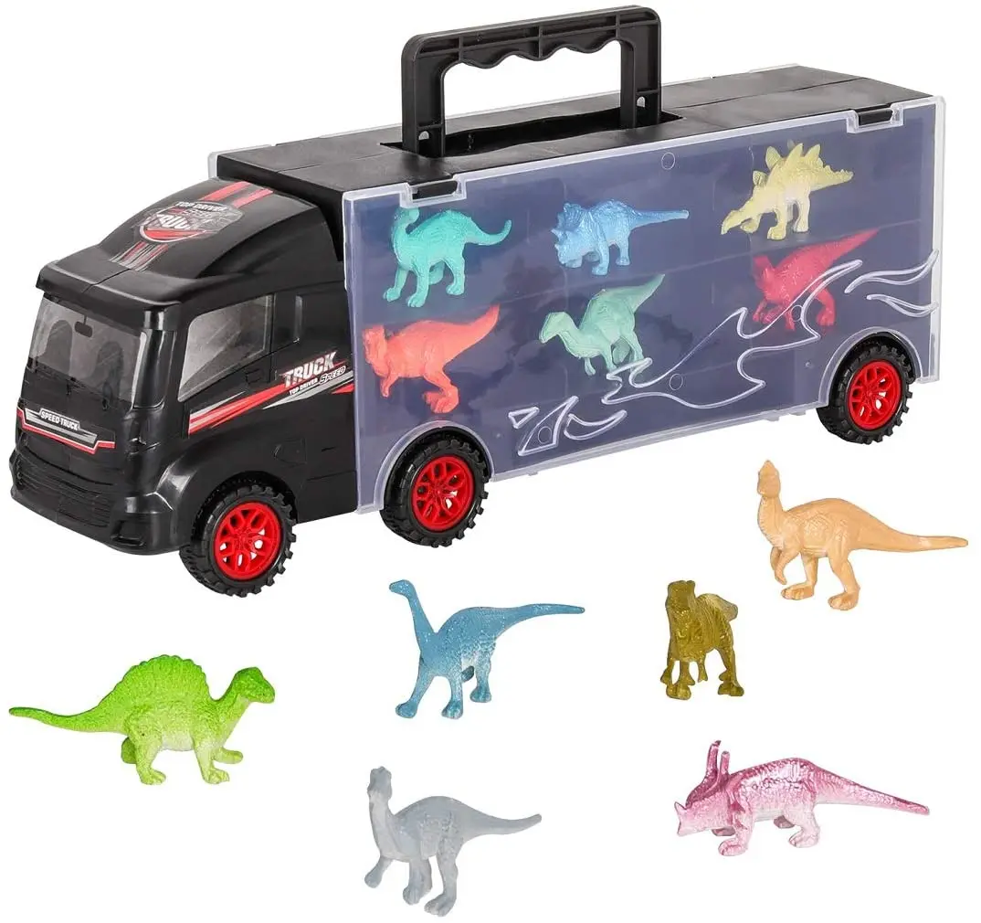 Remolque Tractor Transportador de Dinosaurios de 40cm con 6 Mini Dinosaurios de Plástico Prextex 