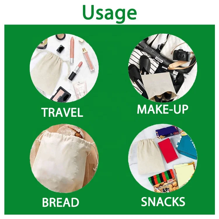 Beige Calico Canvas Dust Bag Small Gifts Pouch with Custom Logo Printing Drawstring Closure for Daily Travel Outdoor Use details