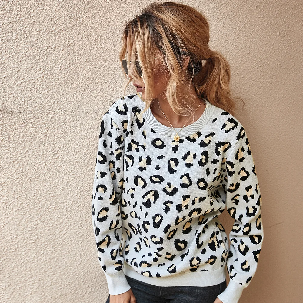 High Quality Fashion Fall 2021 Women Clothes Knit Sweaters Printed Leopard Pullovers Fashion O Neck Backless Long Sleeves Tops