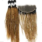 T1B/30 Kinky Curly Hair Bundles With Frontal Brazilian Remy Human Hair Weaves With 13"x4" Lace Frontal