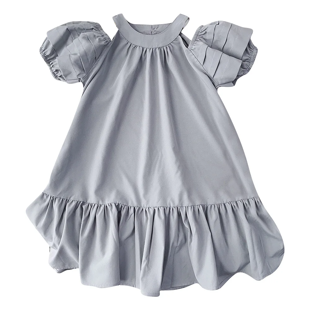 Summer Dress New Girls Edition Bubble Sleeve Hollow Solid Cotton Ruffle Dress Children's Casual Fashion Dress