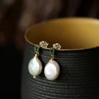Emerald Zircon Baroque Style Real Coin Pearl Emerald Cubic Zircon Stud Earring
