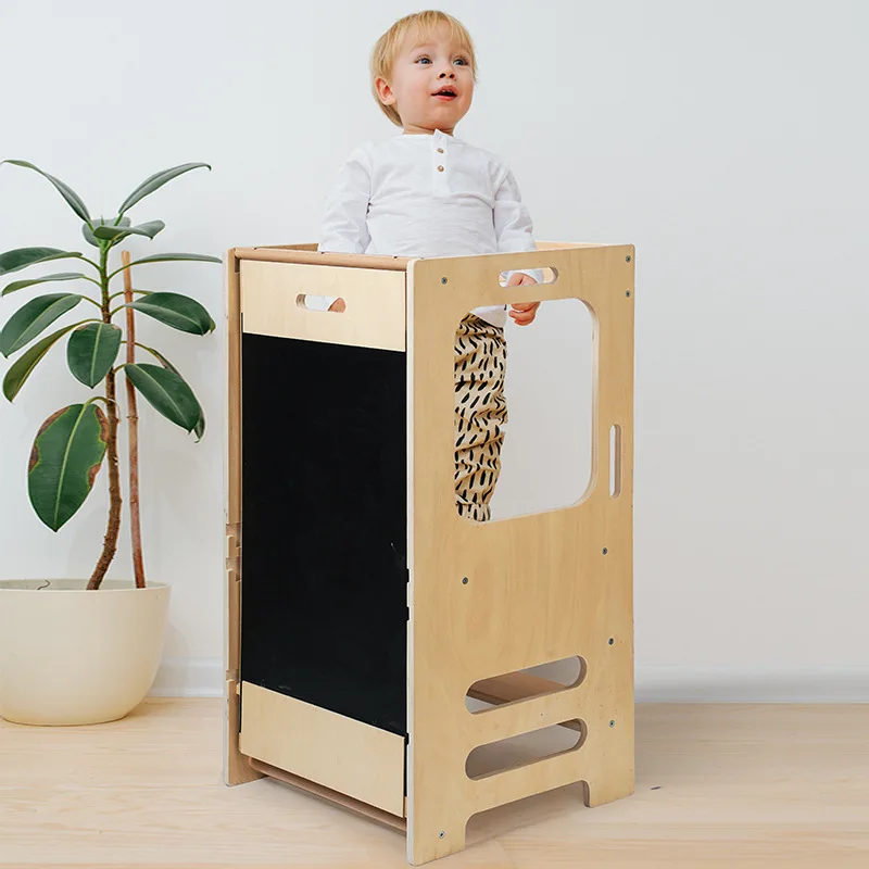 Escabeau d'aide à la cuisine pliable, tour d'apprentissage en bois Montessori pour enfants avec tableaux noirs pour la fabrication des tout-petits