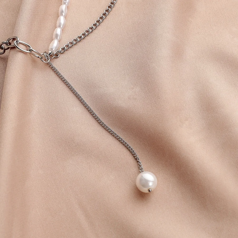 Stainless steel simple double necklace personality short pearl pendant clavicle chain women's accessories