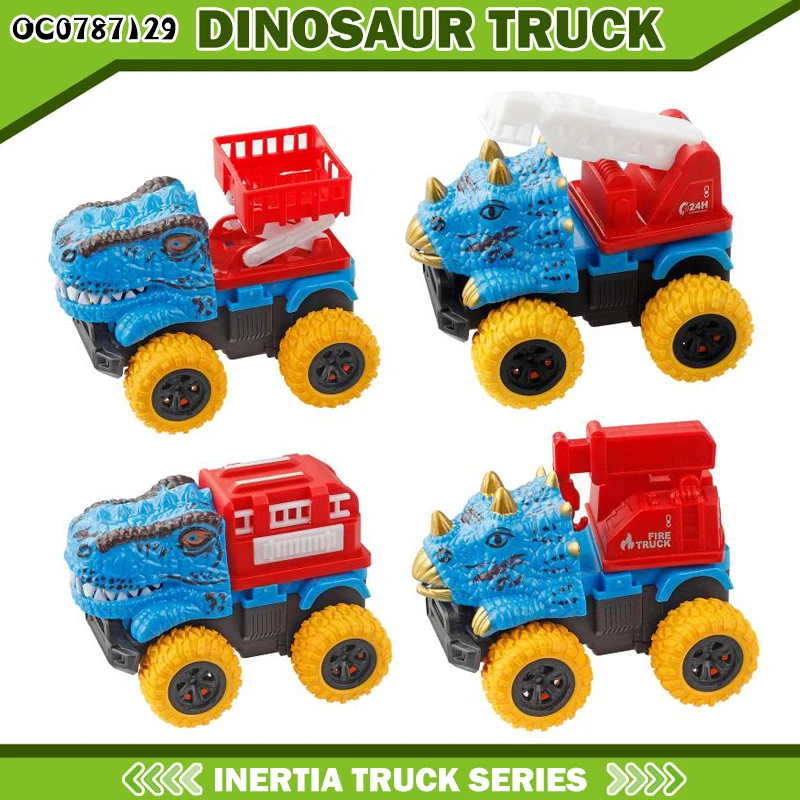 4 pieces plastic dinosaur police fire fighting and rescue truck toy car