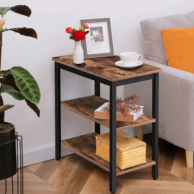 Wholesale Industrial Style Brown Three Tier Side Table with Shelves Narrow Bedside Table Small Sofa End Table for Living Room