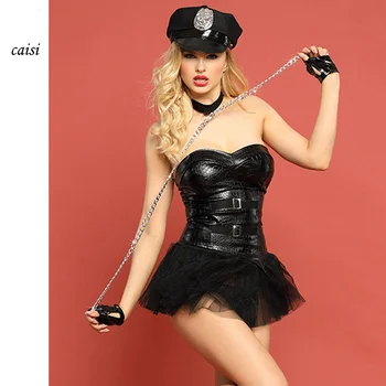 Sexy Police Uniform Cosplay Lingerie Set Pieces Off Shoulder Black