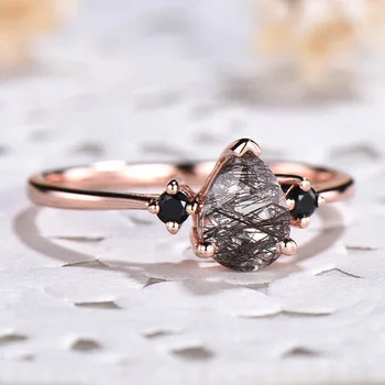 Rose Gold Three Stone Black Rutilated Quartz Black Diamond Engagement Rings