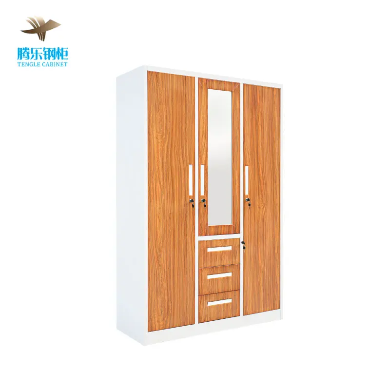 3-Door Steel Mirror Closet Wardrobe Almirah Cabinet Bedroom Furniture for Home Use