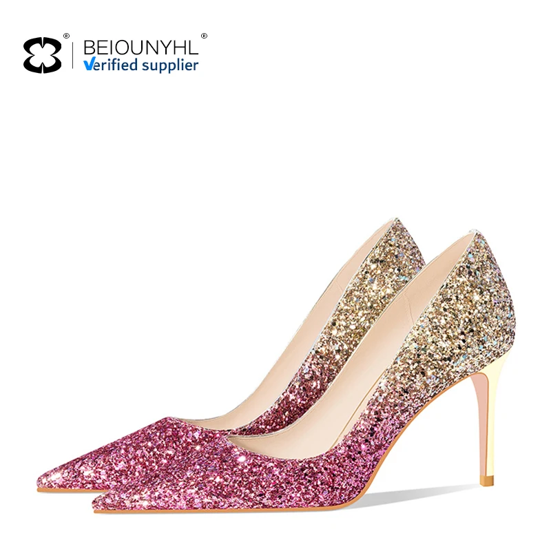 ladies shoes in china Women New Fashion Sequined Thin Heel Pointed Toe Heels Sexy Bridal Banquet Pumps Stiletto Ladies Heels
