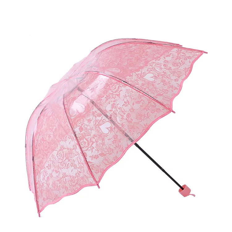 DD1268  Thick Environmental Wedding Love Fold POE Transparent Umbrellas Clear Umbrella Heart Lace Umbrella