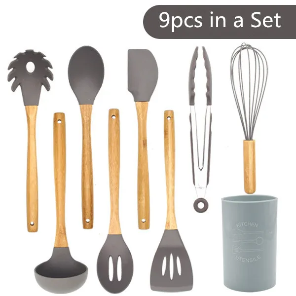 BPA Free Reusable Nonstick 9pcs Silicone Cooking Tool Set with Wood Handle and Storage Box Kitchen Accessories Utensil